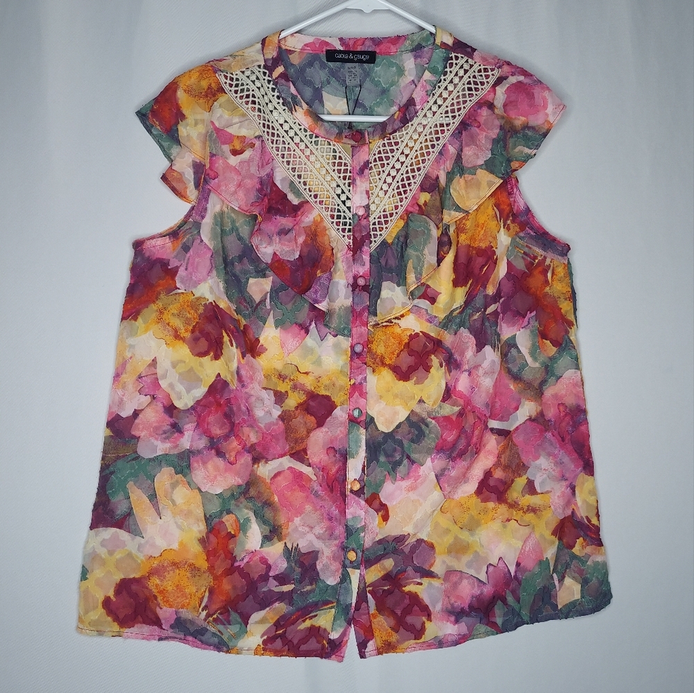 Cable & Gauge Sleeveless Button Top Women Large Multicolor Floral Lace Fairy 00s